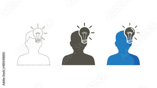 Idea generation concept three styles of human silhouette with lightbulb symbolizing innovation, creativity, and insight