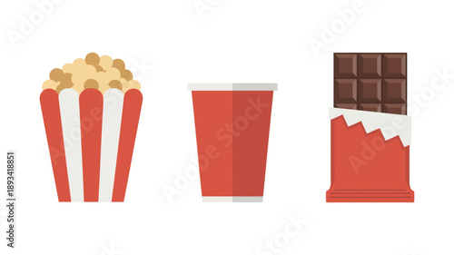 Cinema Snacks in Flat Design with Bright Colors on White Background for Movie Night