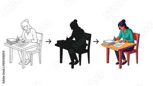 Illustration showing process of creating a drawing from sketch to silhouette to full color illustration of a woman writing at a desk