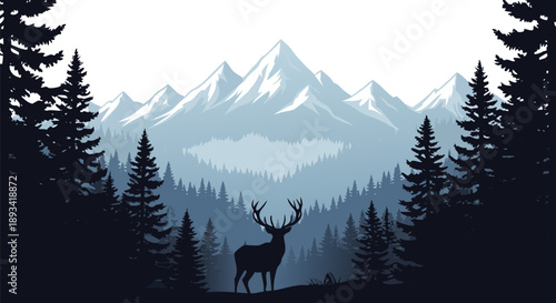 Majestic Deer Silhouette in a Snowy Mountain Forest Landscape Vector Illustration
