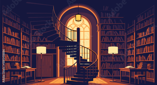 Cozy Vintage Library Vector Illustration with Spiral Staircase and Bookshelves, a Warm and Inviting Space