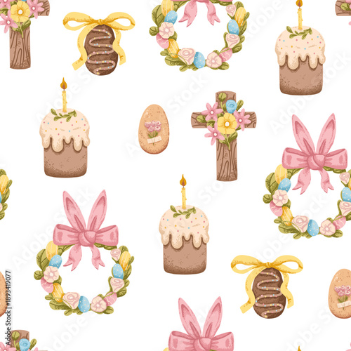 Easter seamless pattern with floral wreath, cake and wooden cross