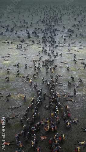 Medieval battle scene in a muddy field showing warriors with shields, axes, and spears in combat, a war historical operation footage.