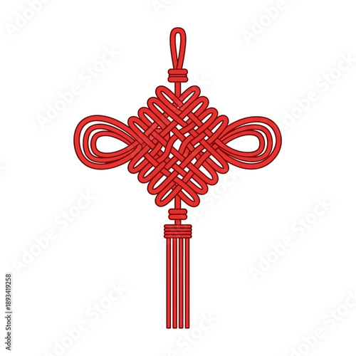 Intricate red traditional Chinese knot art illustration featuring elegant tassels, symbolizing good fortune, prosperity, and cultural heritage on a plain white background