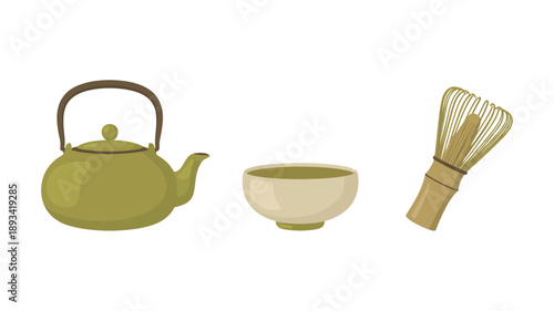 Japanese Matcha Tea Set in Simple Flat Design with Soft Green Colors on White Background for Wellness Branding