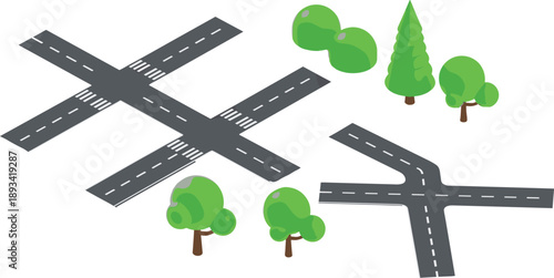 Isometric road intersection set with crosswalks curved streets and green trees for urban city planning navigation map and transport infrastructure design