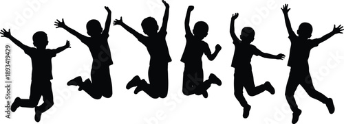 Silhouettes of children jumping in joyful poses, expressing playful energy and movement for lifestyle, activity, and childhood-themed design illustrations