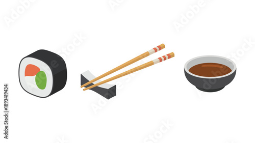 Sushi roll with chopsticks and soy sauce bowl in minimalist digital illustration style with bright lighting on white background for food blog