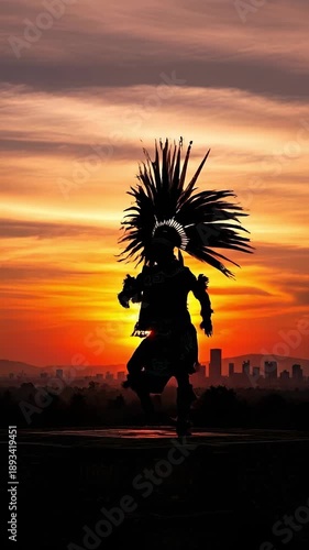 Silhouette of an Indigenous Aztec Dancer with Feathered Headdress Performing a Ritual Dance at Sunset Overlooking a City Skyline
