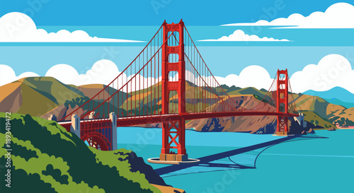 Golden Gate Bridge vector illustration in San Francisco with bay and hills