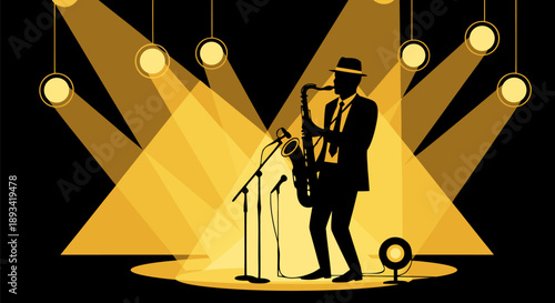 Silhouette of a saxophone player on stage with spotlights, a vector illustration