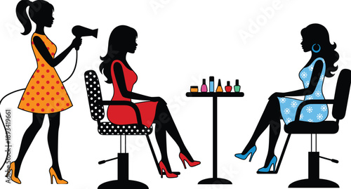 Beauty salon silhouette illustration with hairstylist, makeup, fashion women, cosmetic products, spa service, styling, makeover, and professional beauty concept business