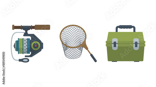 Fishing Gear in Cartoon Style with Bright Colors on White Background for Outdoor Advertising