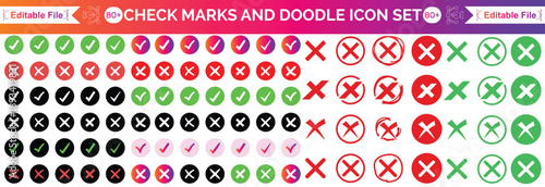 Check tick mark icon set. Cross box x check mark checkbox v list vector draws hand drawn sketch doodle brush marker checklist symbol wrong right circle. Vector Illustration