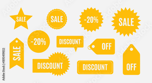 Assorted Yellow Sale Discount Tags Badges.