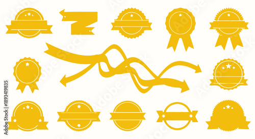 Collection of Golden Award Badges and Ribbons.