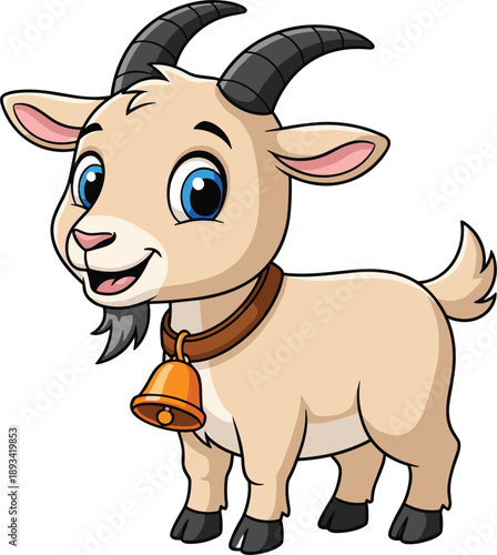 Adorable Cartoon Goat Character with Brown Collar and Golden Bell Standing Isolated on WhiteNursery 