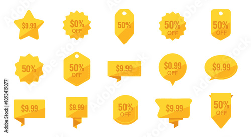 Collection of Golden Discount Badges and Labels.