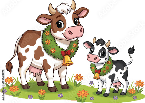 Adorable Cartoon Mother Cow and Baby Calf Illustration Featuring Floral Wreaths with Bells Standing in a Spring Meadow on White Isolated Background