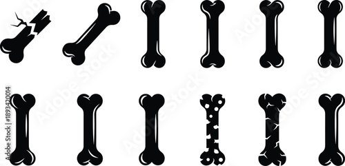 Black bone icon set showing cracked, healthy, and damaged bones isolated on white background for medical, anatomy, injury concept illustration