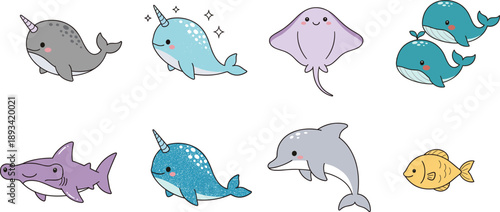 Cute sea animals cartoon vector set. Kawaii narwhal, dolphin, whale, stingray and fish characters. Playful marine life illustration isolated on white background.