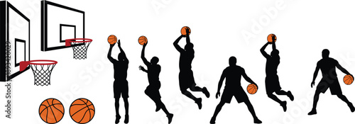 Black silhouette collection of basketball players in action poses including dunking, shooting, and dribbling with hoops and orange ball vectors.