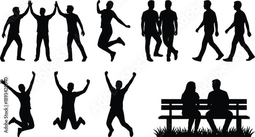 Black silhouette collection featuring people celebrating with high fives, jumping for joy, walking together, and sitting on a park bench.