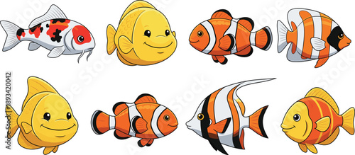 Cute tropical fish cartoon vector set with clownfish and koi. Colorful sea animal characters collection. Fun aquarium fish illustration for kids, games and education design.