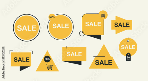 Collection of Yellow Sale Signs and Labels.