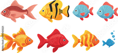 fish vector set. Cute colorful aquarium and sea fish characters. Kids marine animals illustration collection isolated on white background