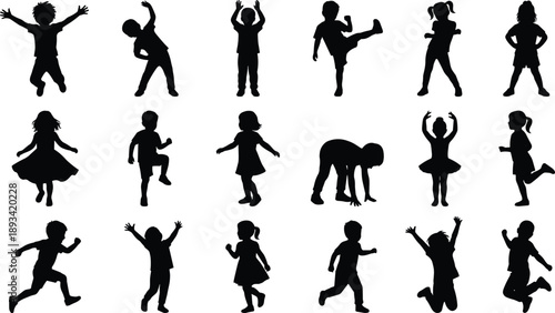 Black silhouette collection of children in various active poses featuring jumping, running, dancing, stretching, and playing for youth lifestyle vector.