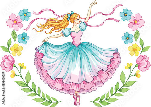 Beautiful blonde ballerina dancing in elegant blue and pink dress surrounded by a flwords)Beautiful blonde ballerina dancing in elegant blue and pink dress surrounded by a flo