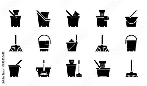 Geometric black mop bucket logo icon set with modern cleaning symbols vector