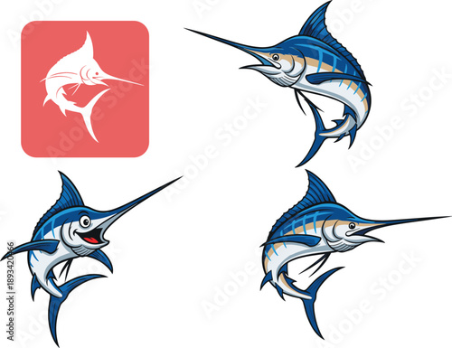 Marlin fish vector logo set with modern flat icon and dynamic poses. Sport fishing ocean predator symbols. Clean marine branding illustration collection for app, logo and UI design.