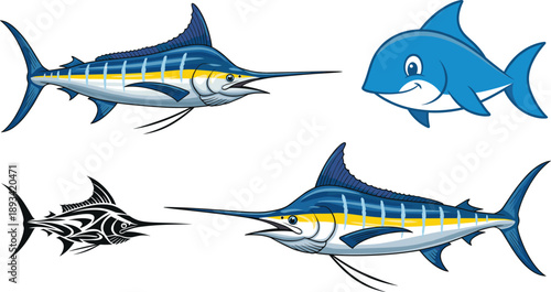 Marlin fish vector set with realistic and cartoon styles. Dynamic swordfish illustration pack. Ocean predator collection for logo, sport fishing and apparel design.