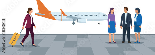 Business people at airport terminal with airplane, corporate travel concept, professional teamwork meeting, international flight journey, business trip illustration