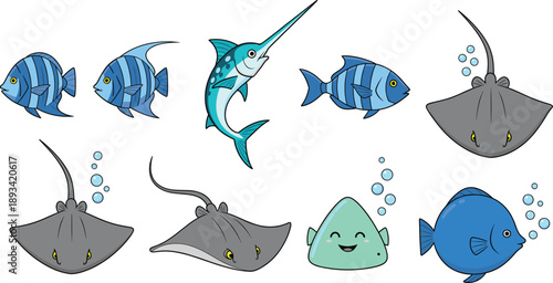 Ocean fish cartoon vector set. Cute stingrays, tropical fish and swordfish characters. Playful marine animals illustration isolated on white background.