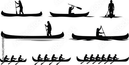 Canoe kayak silhouettes, paddling styles, watercraft teamwork, standing paddler, seated rowers, black illustration, aquatic motion, outdoor sport, paddle coordination, silhouette collection
