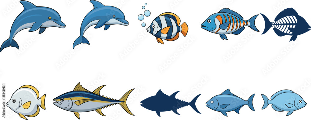Obraz premium Cartoon sea animals vector set with dolphin and colorful fish. Marine wildlife icons in flat and silhouette styles. Playful ocean creatures collection for kids and education design.