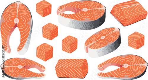 Salmon fish steak cartoon vector set. Fresh raw seafood slices and cubes illustration. Healthy food ingredients collection isolated on white background.