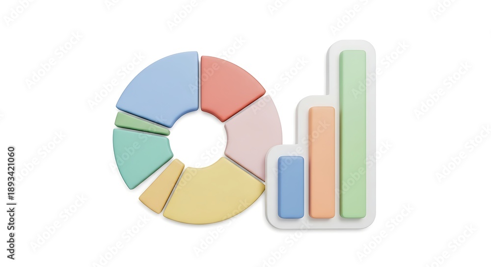 Obraz premium Colorful pie chart and bar graph isolated on white background