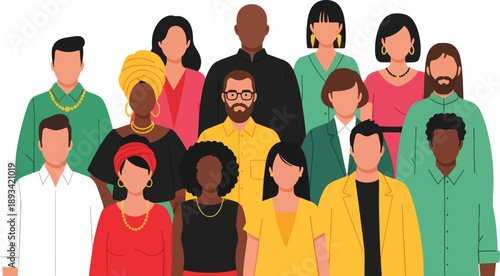 Global Community Portrait: Diverse Multiracial People Standing United in Flat Vector Style