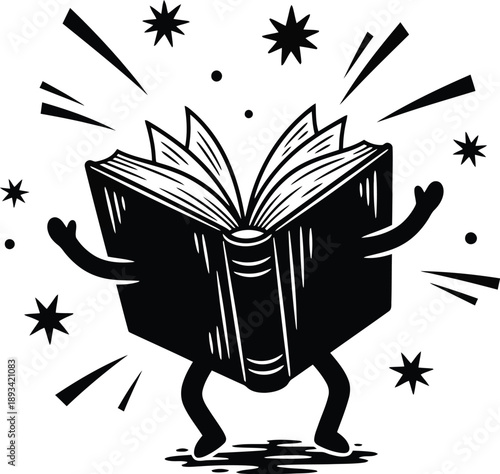 Linocut Black Vector Dancing Book With Motion Lines And Abstract Stars Fun Celebration Icon Engraved