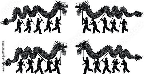 Chinese dragon dance silhouette illustration, traditional festival performance, cultural celebration procession, martial arts teamwork, Asian folklore ritual, flat black vector design