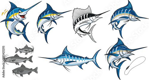 Swordfish and marlin vector set with dynamic jumping poses. Sport fishing marine predators illustration pack. Color, outline and sketch ocean fish collection for logo and apparel design.