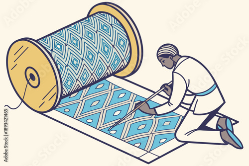 Traditional artisan weaving intricate geometric patterns onto a large rug from a giant spool of patterned fabric. vector illustration showcasing handmade textile art and craftsmanship.
