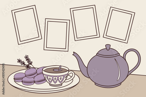 Elegant afternoon tea vector illustration with a purple teapot, patterned teacup, delicious lavender macarons, and decorative empty photo frames for a cozy and customizable design.