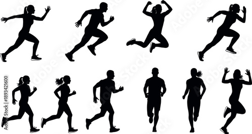 Running people silhouettes vector collection of men and women athletes jogging sprinting and training for marathon sports competition concept