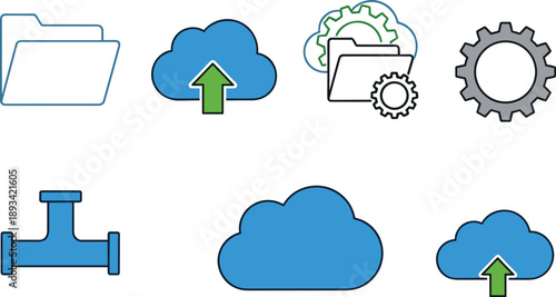 Cloud computing and file management icon set with folder upload settings storage pipeline and data system symbols in flat outline illustration style