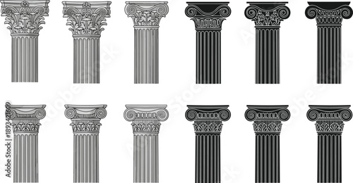 Classical column capitals, Corinthian, Ionic, Composite, architectural styles, ancient design, black and white, ornate details, scroll volutes, acanthus leaves, column grid, silhouette illustration